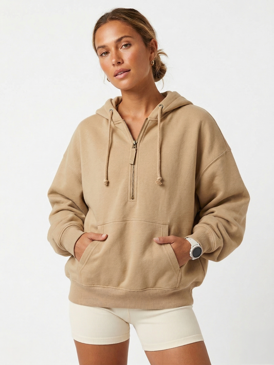 Oversized Khaki Half-Zip Fleece Hoodie | Sport Chic Cotton Blend Tinyloverclothing