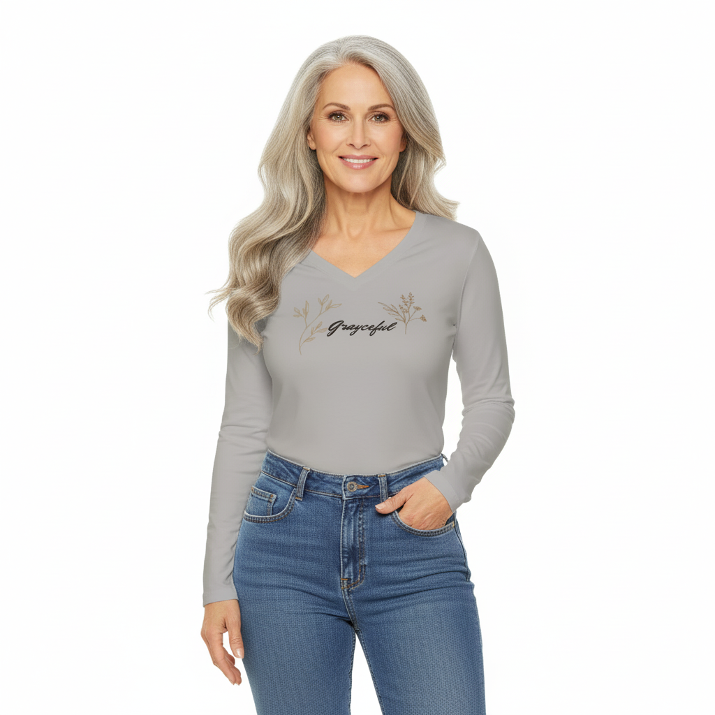 Grayceful Floral Long Sleeve V-neck Shirt for Women, Cozy Casual Wear, Gift for Grayceful LLC