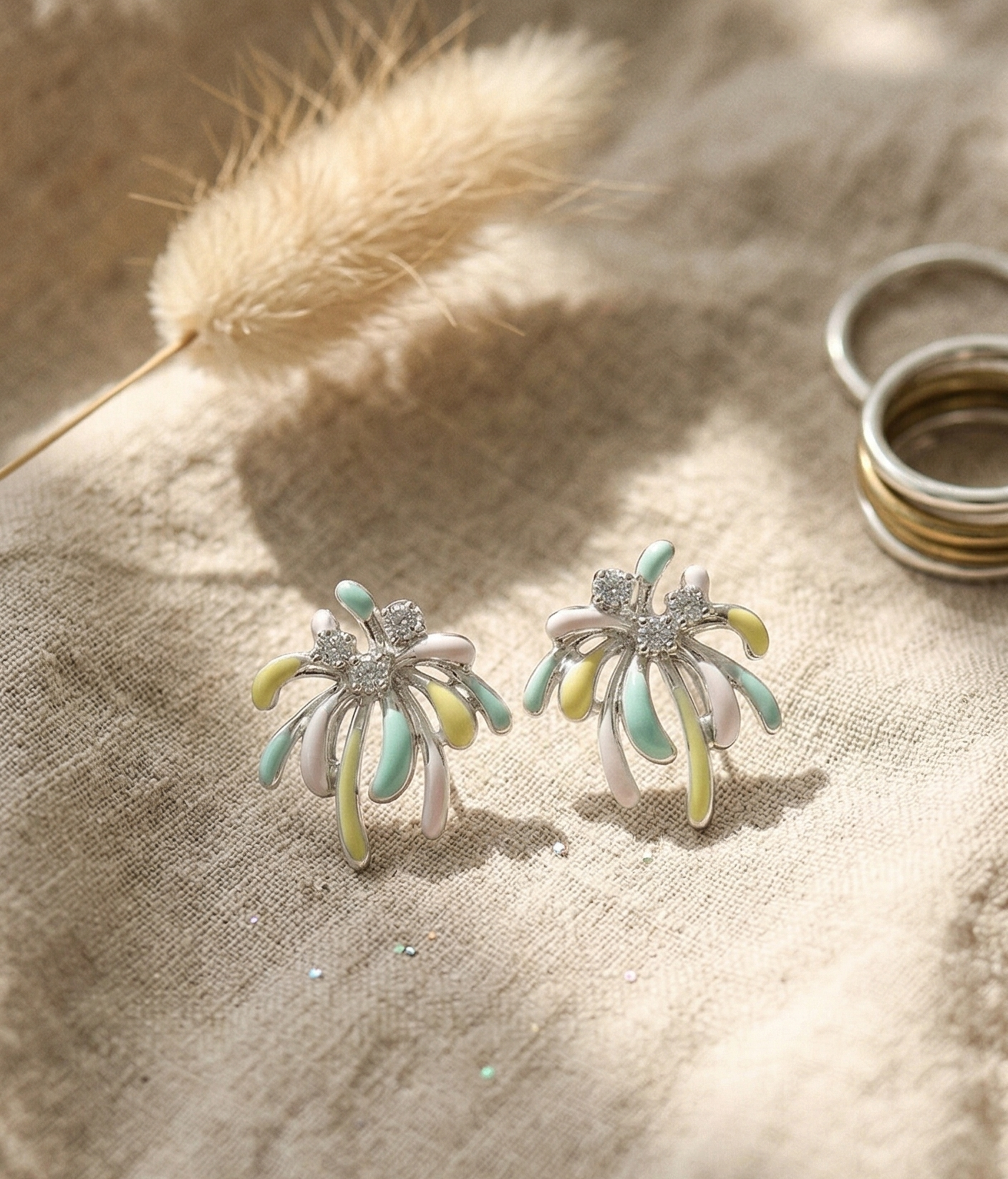 Aura Moments Pastel Fireworks Burst Stud Earrings - Silver & Multicolor Enamel Tinyloverclothing