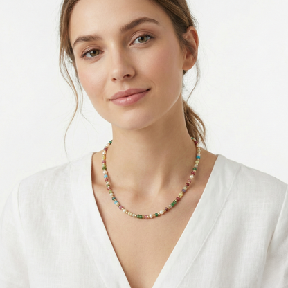 The Sunset Confetti Beaded Necklace | Multi-Color Gemstone Layering Choker Tinyloverclothing
