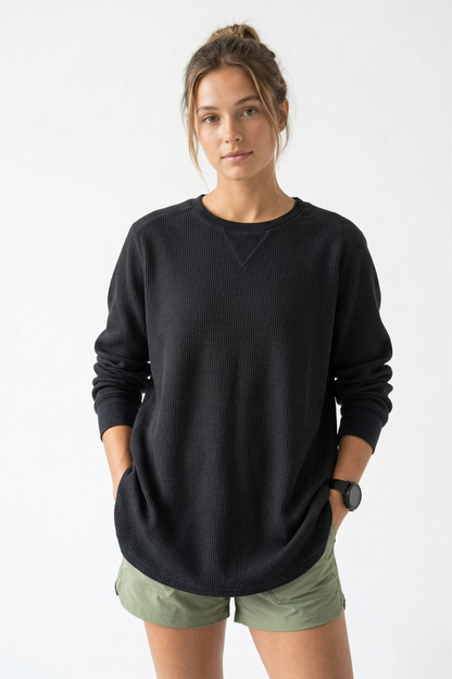 Heavyweight Waffle Knit Thermal Crewneck - Black (80% Cotton / 20% Poly) Tinyloverclothing