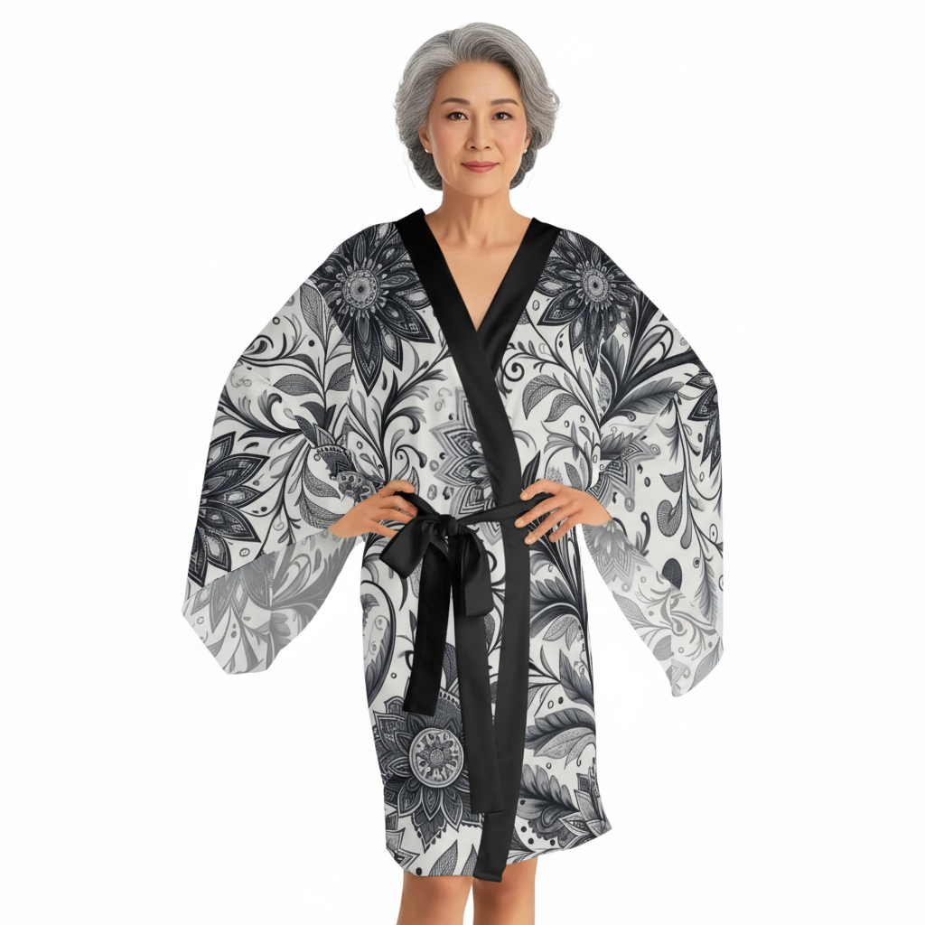 Elegant Floral Long Sleeve Kimono Robe, Stylish Lounge Wear, Perfect for Relaxation, Gift for Her, Home Spa Essentials, Beautiful Design Grayceful LLC