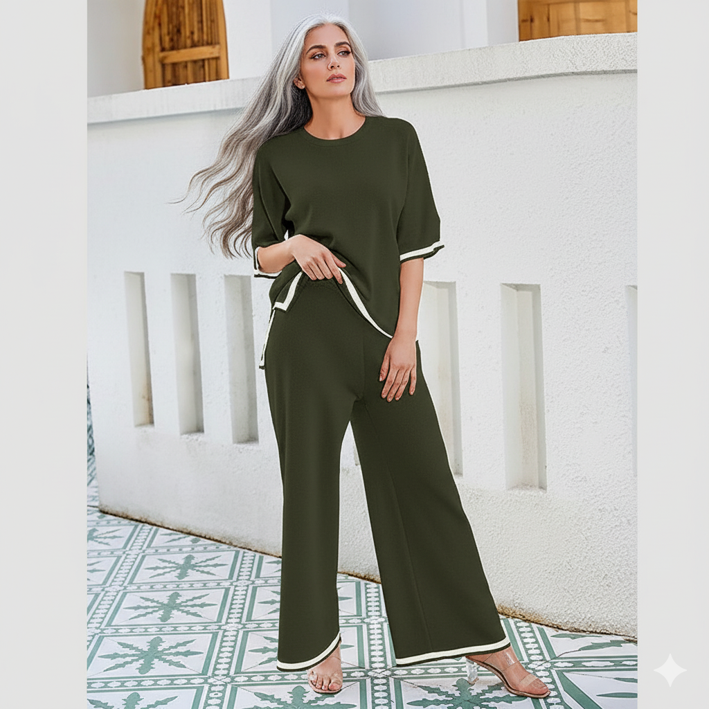 New Knitting Suit Sweater Suit Short Sleeve Pullover Wide Leg Pants Grayceful LLC