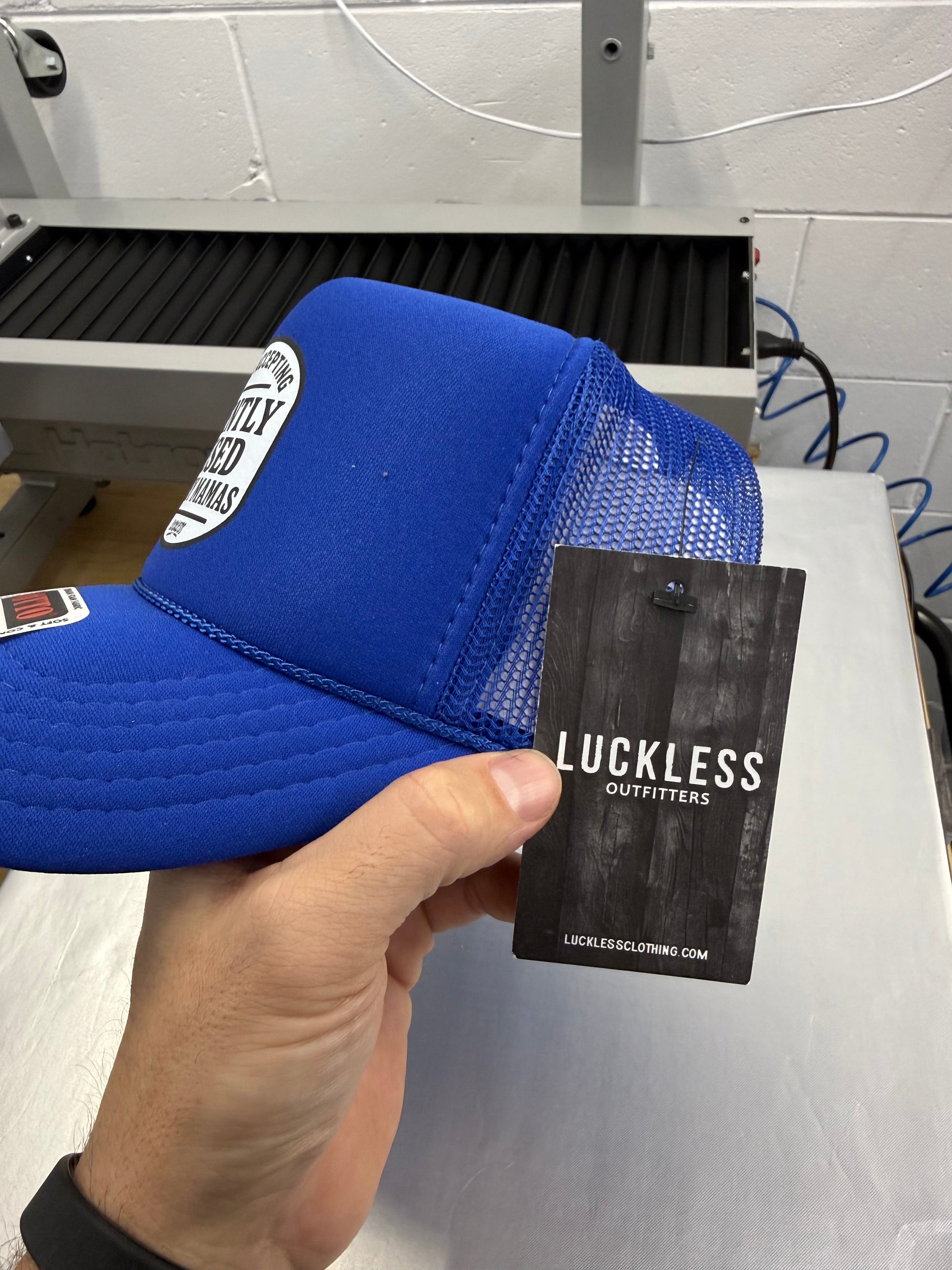 Now Accepting Gently Used Baby Mamas Trucker Hat Luckless Outfitters