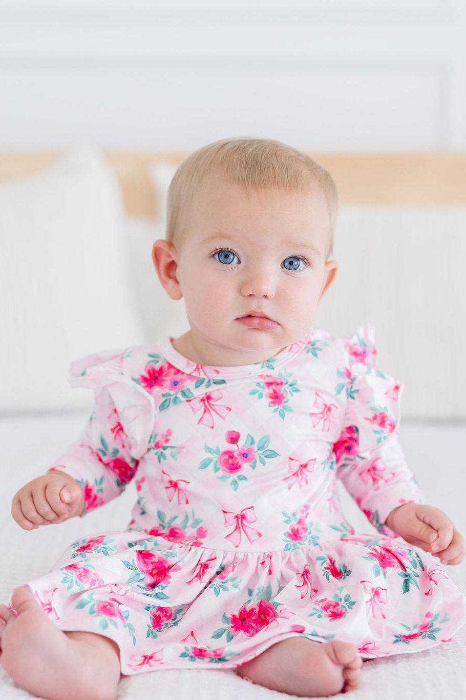 Gingham Bows 3/4 Sleeve Flutter Twirl Bodysuit