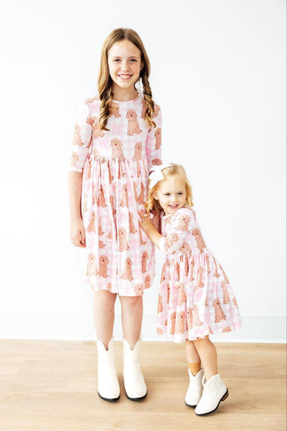 Goldendoodle 3/4 Sleeve Pocket Twirl Dress
