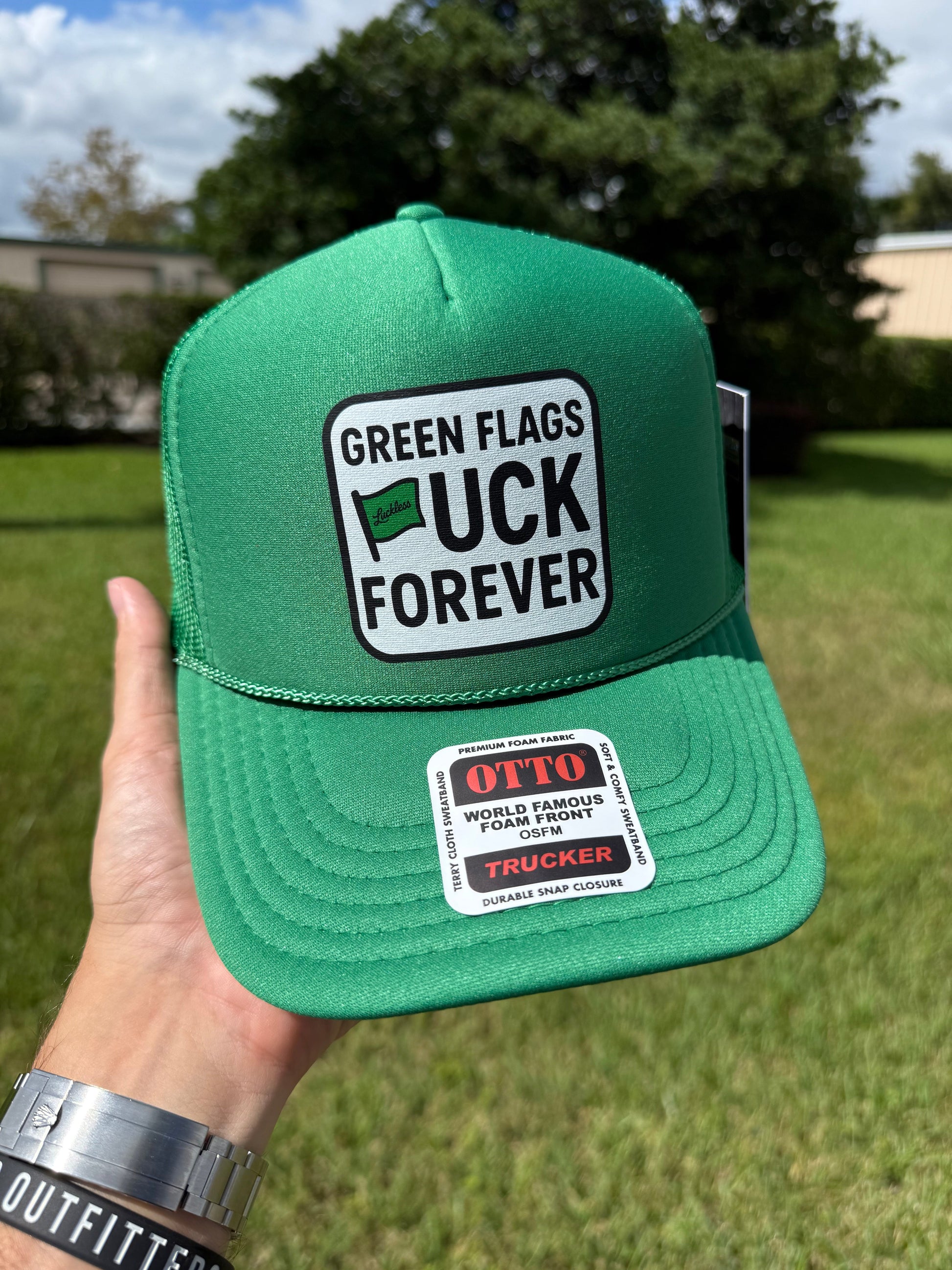 Green Flags Fuck Forever Trucker Hat Luckless Outfitters
