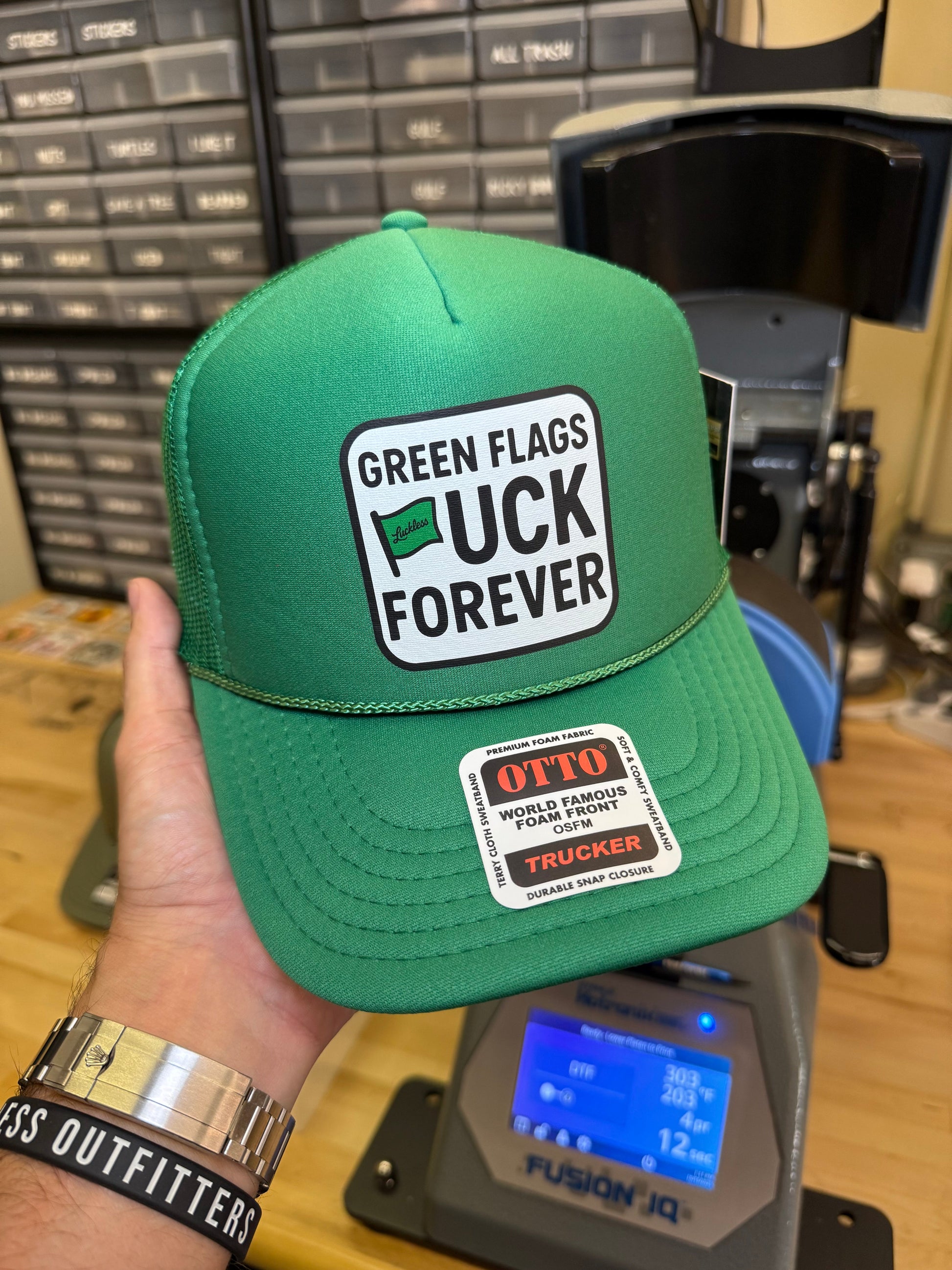 Green Flags Fuck Forever Trucker Hat Luckless Outfitters