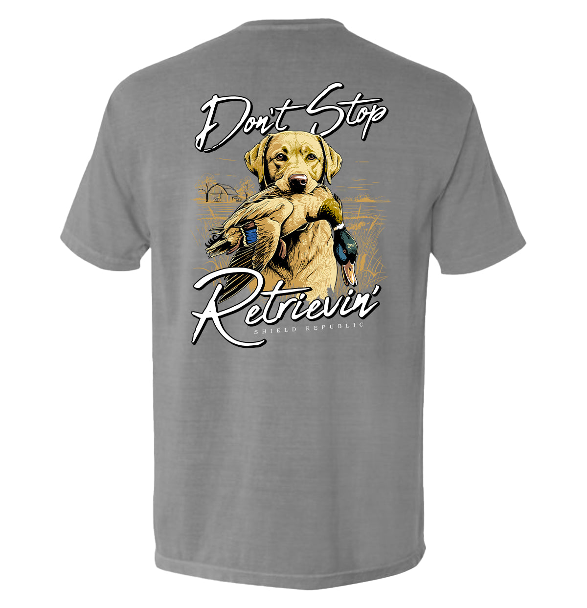 Don't Stop Retrievin Yellow Lab Shield Republic