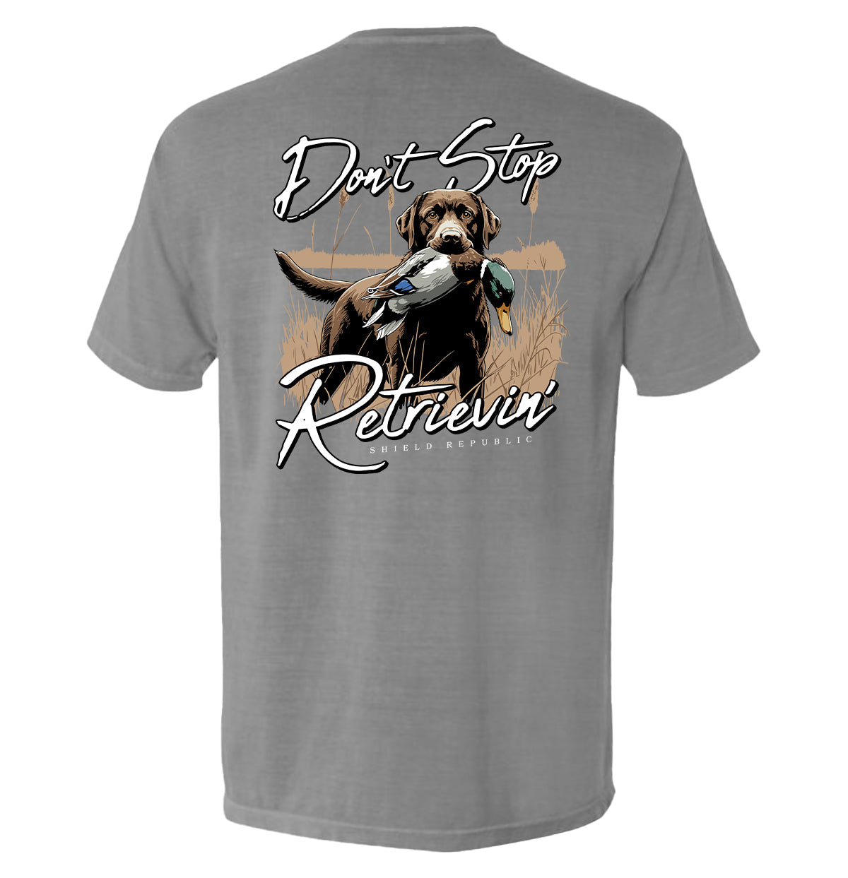 Don't Stop Retrievin' Chocolate Lab Shield Republic