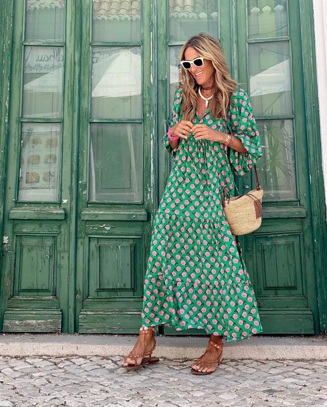 Women's Boho Floral Maxi Dress with Drawstring V Neck