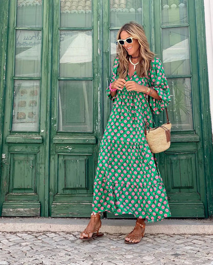 Women's Boho Floral Maxi Dress with Drawstring V Neck