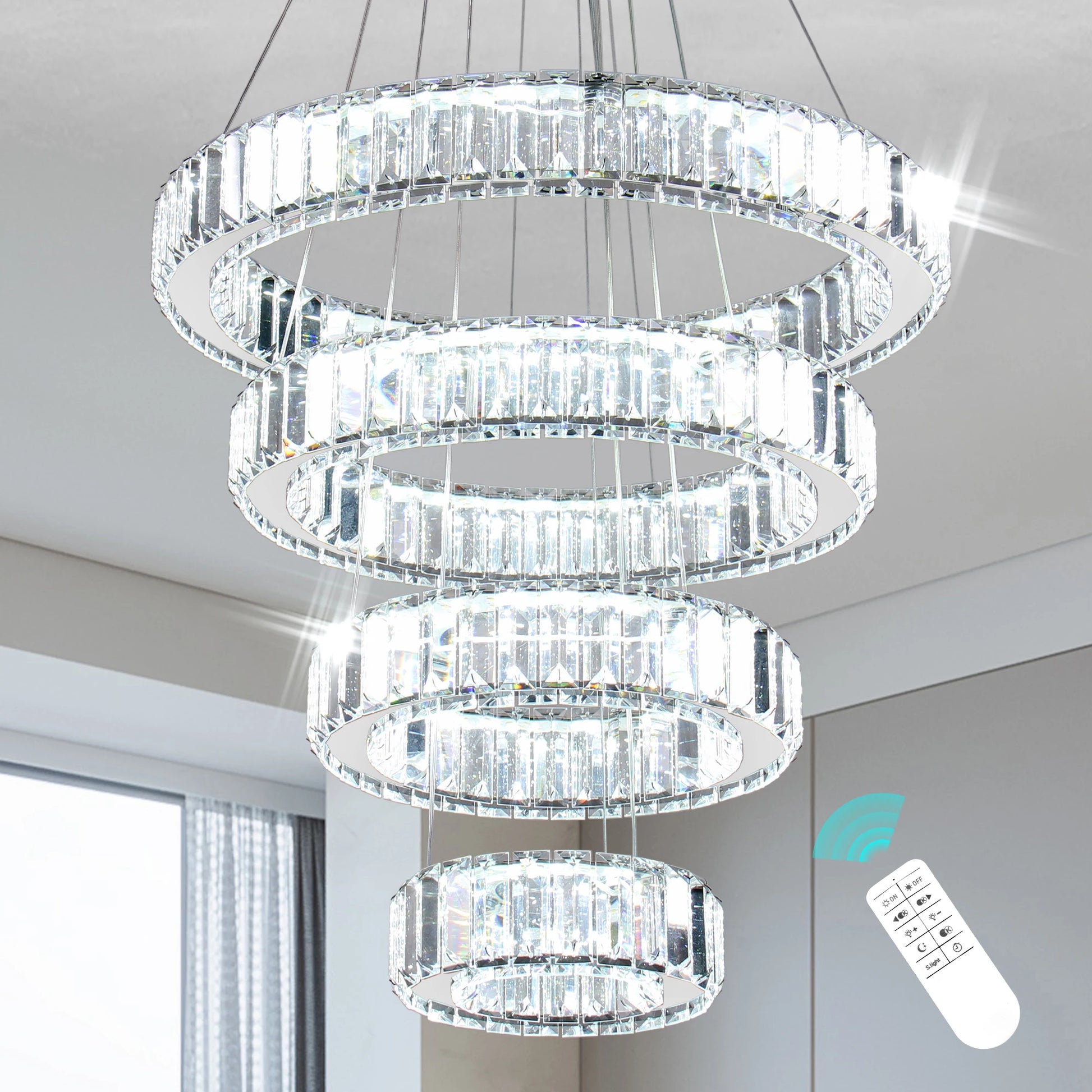 Dimmable with Remote LED Ceiling Light Fixture Modern Luxury 4-Ring Crystal Chandelier for Living Room Home Decor NovaCart