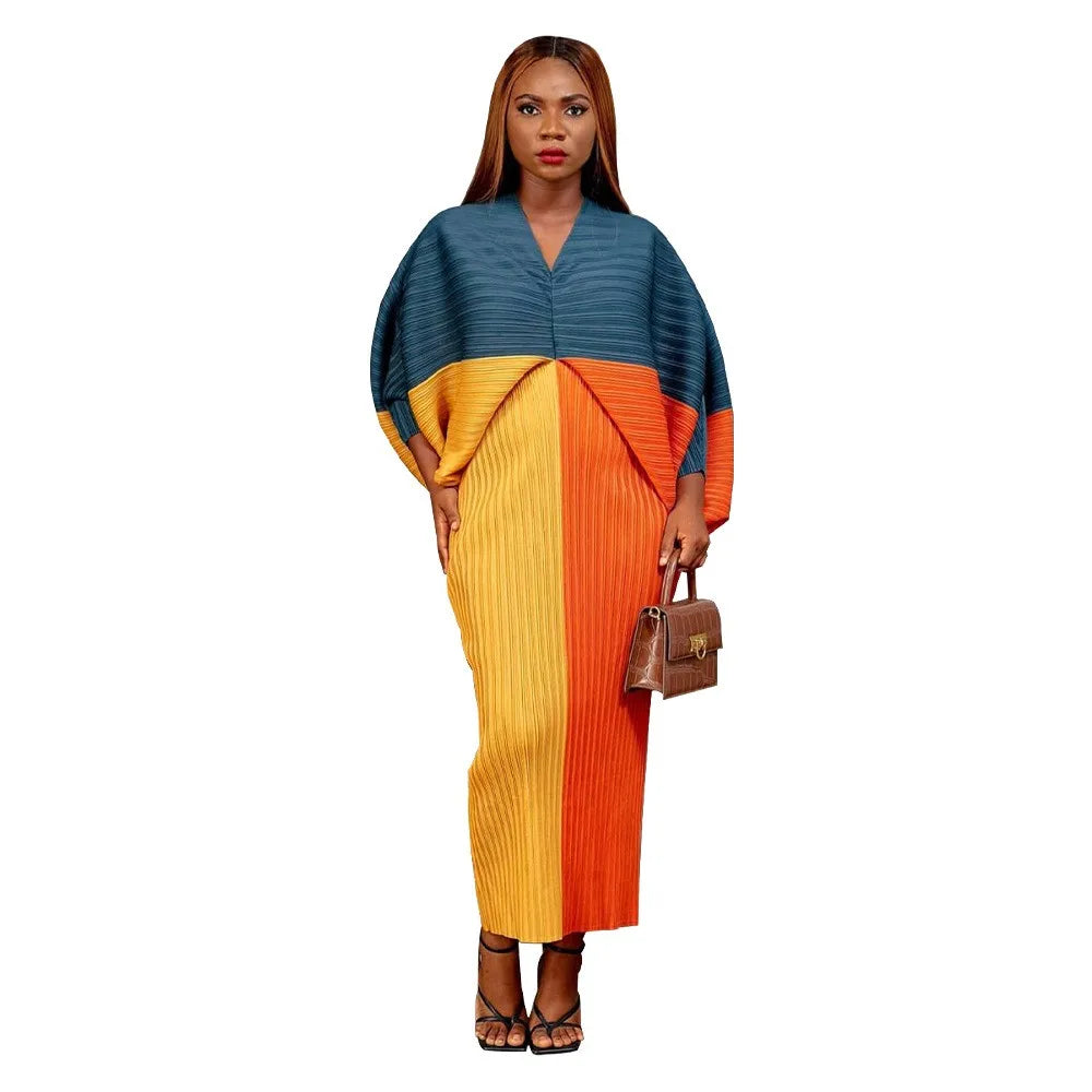 Hot Selling V-neck Bat Sleeve Printed Pleated Dress Stretch Fabric Dresses