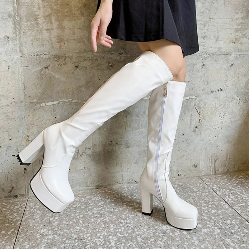 SIMLOVEYO Platform Knee High Boots Toe Block Heels Rubber Size 34-43 Black White Blue S2729 NovaCart