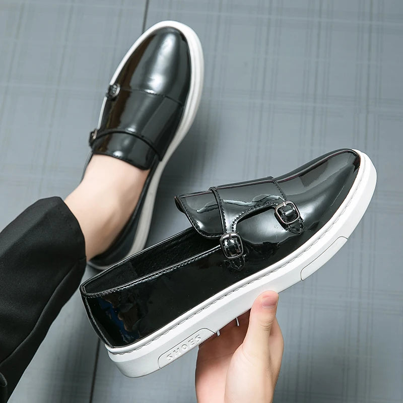 Double Strap Monk Wedding Shoes Comfortable White Black Color Durable Patent Leather Shoes for Men NovaCart