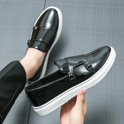 Double Strap Monk Wedding Shoes Comfortable White Black Color Durable Patent Leather Shoes for Men NovaCart