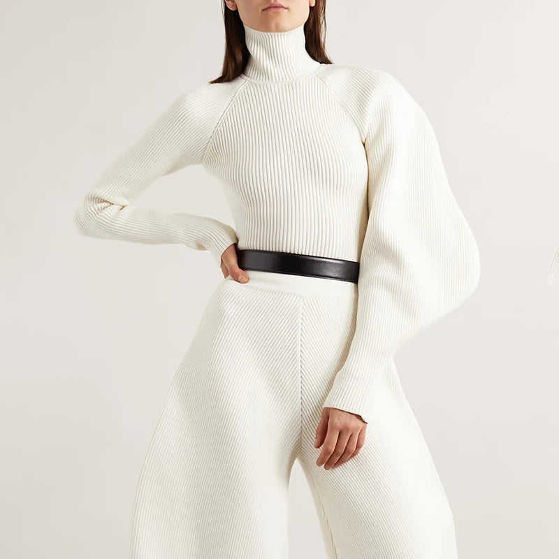 2023 Women's Casual Knitted Sweater Turtleneck with Lantern Sleeves Slimming Design for Autumn Season Front Logo NovaCart
