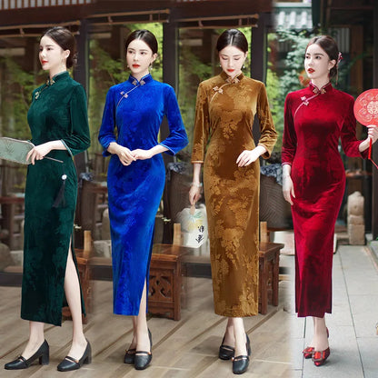 202 National Style Slimming Long Nine-minute Sleeve Wedding Mother Show Wholesale New Velvet Jacquard Cheongpao NovaCart