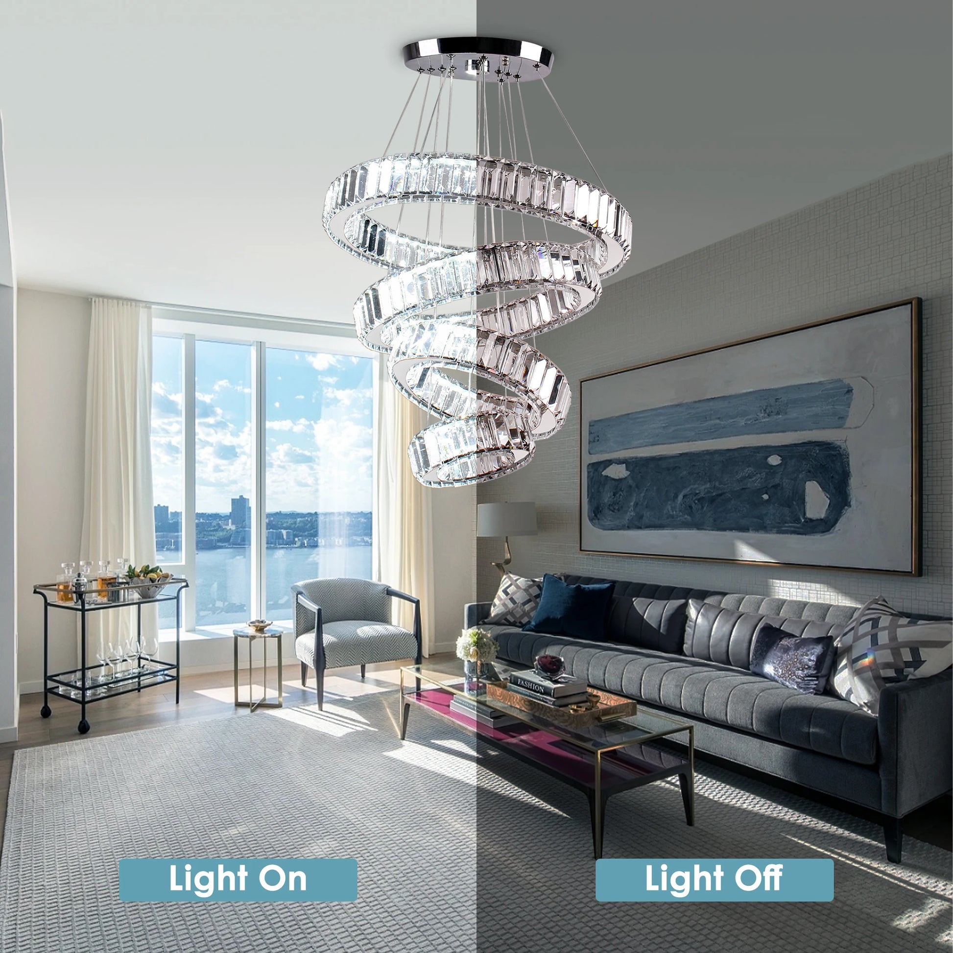 Dimmable with Remote LED Ceiling Light Fixture Modern Luxury 4-Ring Crystal Chandelier for Living Room Home Decor NovaCart
