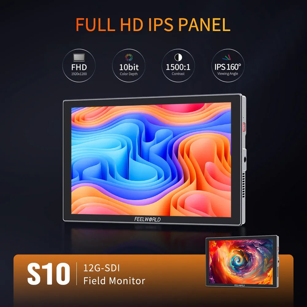 FEELWORLD S10 10.1 Inch 1200nit 12G-SDI HDMI 2.0 Camera Field Monitor, 4K HDR Touchscreen, OEM/ODM, Factory Direct, Bulk Order NovaCart