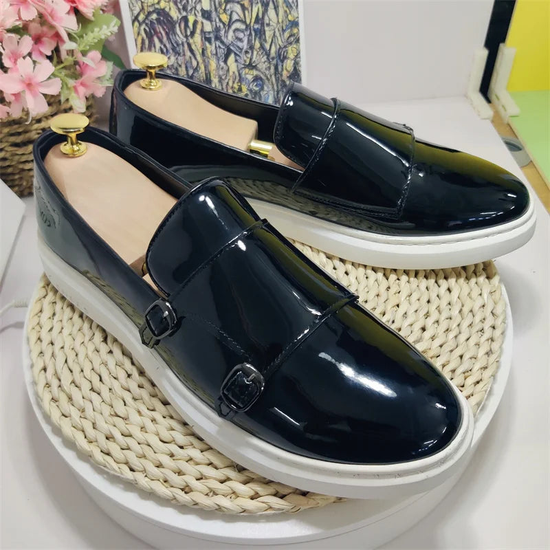 Double Strap Monk Wedding Shoes Comfortable White Black Color Durable Patent Leather Shoes for Men NovaCart