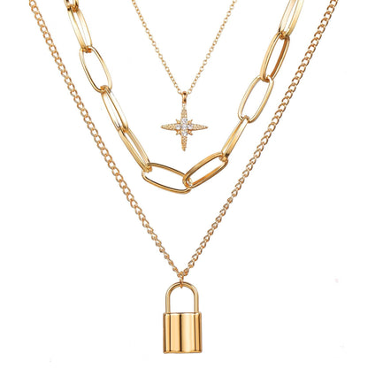 Multi Layer Lock Portrait Pendants Necklaces For Women Gold Metal Key Heart Necklace