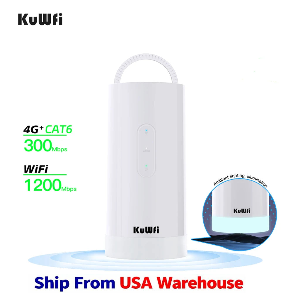 USA Stock KuWFi 10000mAh Battery 4G IMEI Lte Router Cat6 1200Mbps LED Light Solar Camping 4g Lte Wifi Router with Sim Card Slot NovaCart