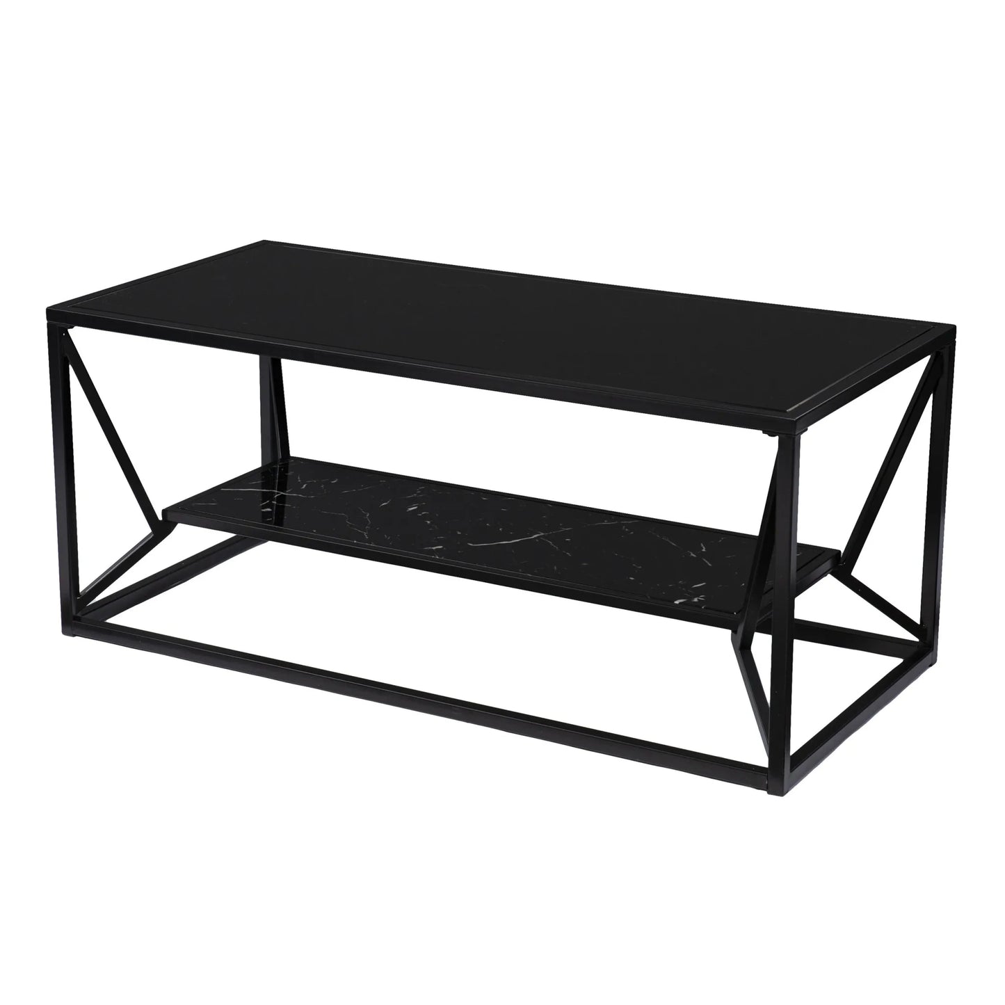 HMS 42\" Tea Table Black Glass Faux Marble Metal Traditional Scandinavian Chinese Style Featuring Sintered Stone Material Shelf NovaCart