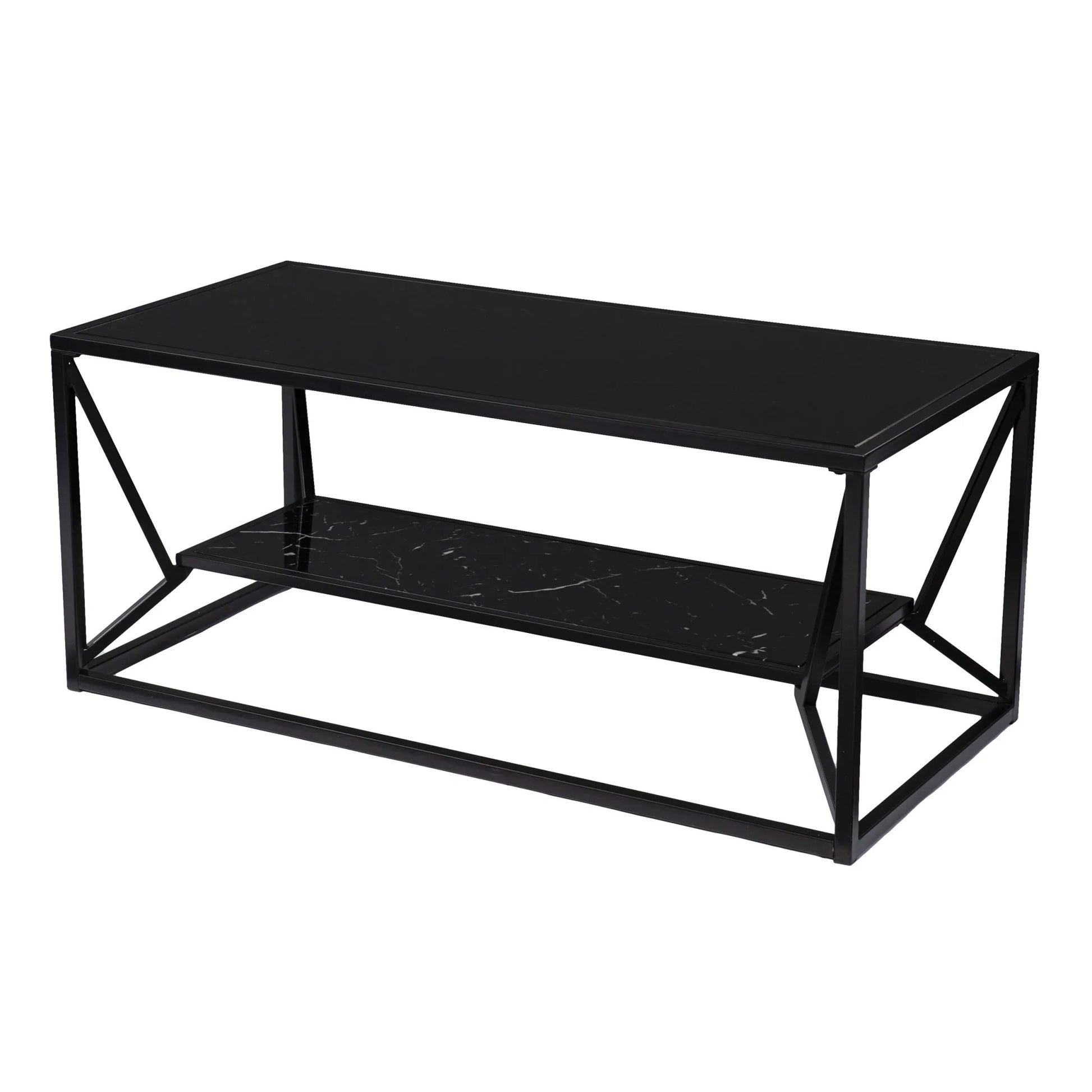 HMS 42\" Tea Table Black Glass Faux Marble Metal Traditional Scandinavian Chinese Style Featuring Sintered Stone Material Shelf NovaCart