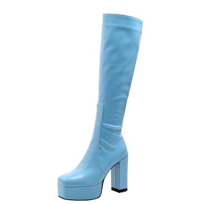 SIMLOVEYO Platform Knee High Boots Toe Block Heels Rubber Size 34-43 Black White Blue S2729 NovaCart