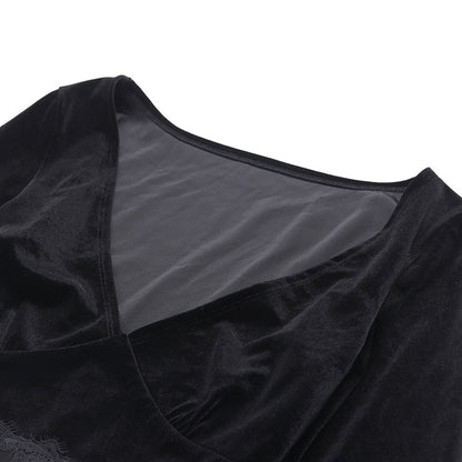 Ins Goth Sexy Women Gothic Crop Top Flare Long Sleeve Lace Hollow Out Black  V-neck T-shirt