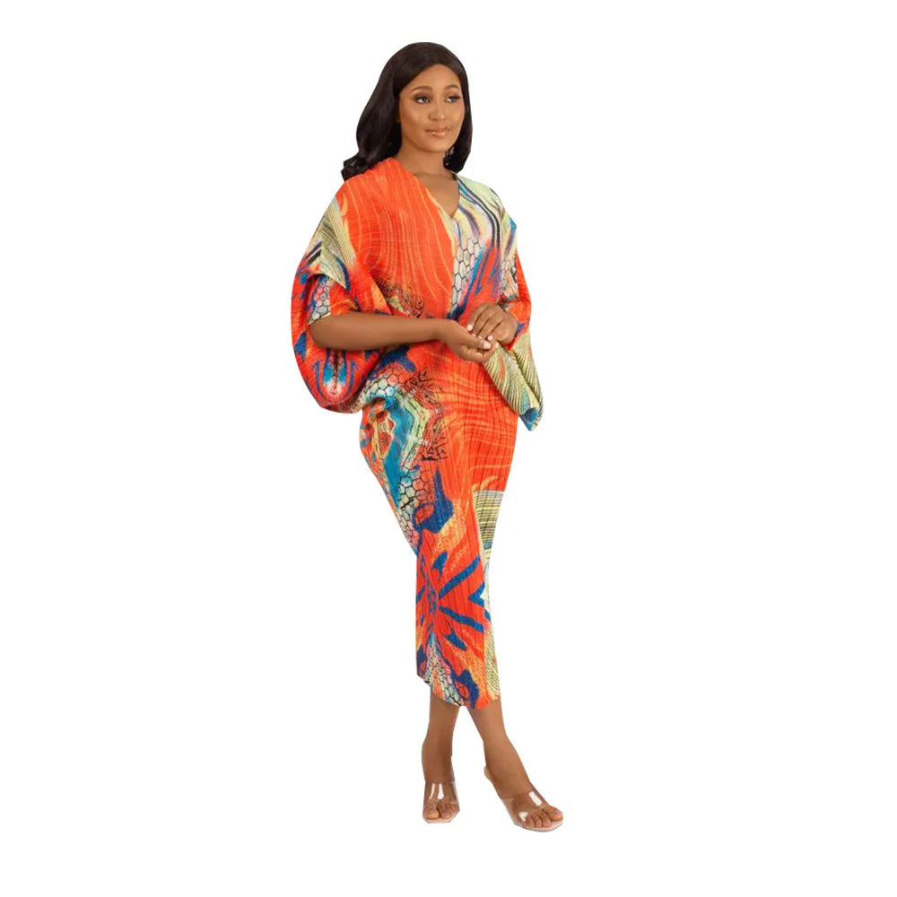 Hot Selling V-neck Bat Sleeve Printed Pleated Dress Stretch Fabric Dresses