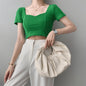French Clavicle Square Collar Tops Women High Waist Croped Top Short Sleeve T-shirt Female