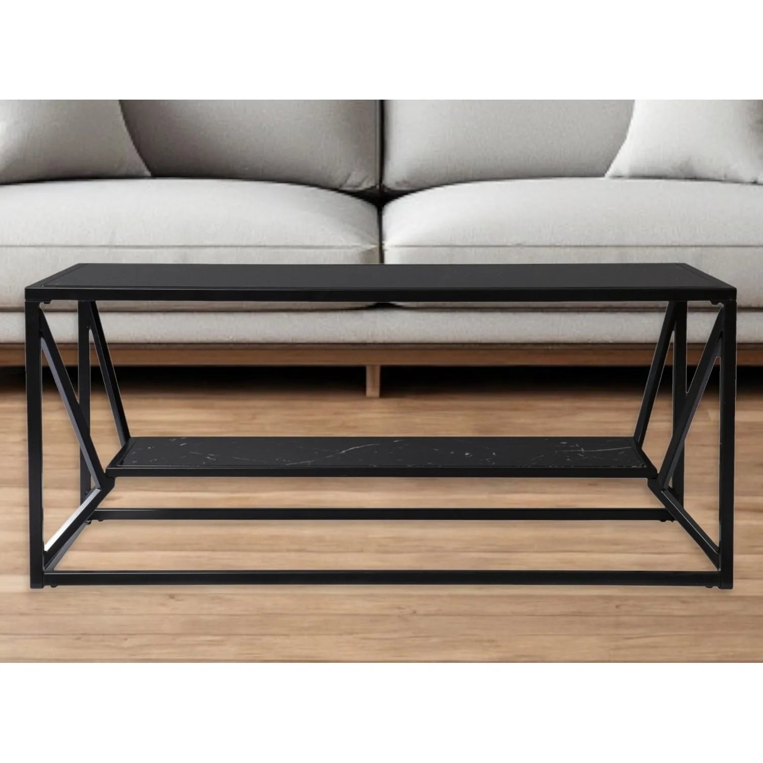 HMS 42\" Tea Table Black Glass Faux Marble Metal Traditional Scandinavian Chinese Style Featuring Sintered Stone Material Shelf NovaCart