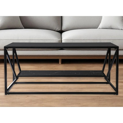 HMS 42\" Tea Table Black Glass Faux Marble Metal Traditional Scandinavian Chinese Style Featuring Sintered Stone Material Shelf NovaCart
