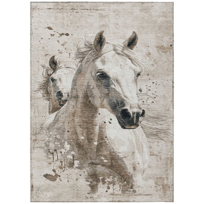 HMS 3' X 5' Horse Area Rug Gray and Silver Indoor and Outdoor Carpet Washable NovaCart