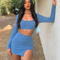 Long Sleeves Solid Navel Low Neck Bodycon Top Sexy Mini Dress Set