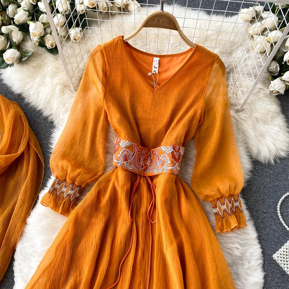 Women's Embroidered Waist Long Dress ANSZKTN Elegant Casual Dress Retro Wear Travel Long Sleeve Vacation Dress NovaCart