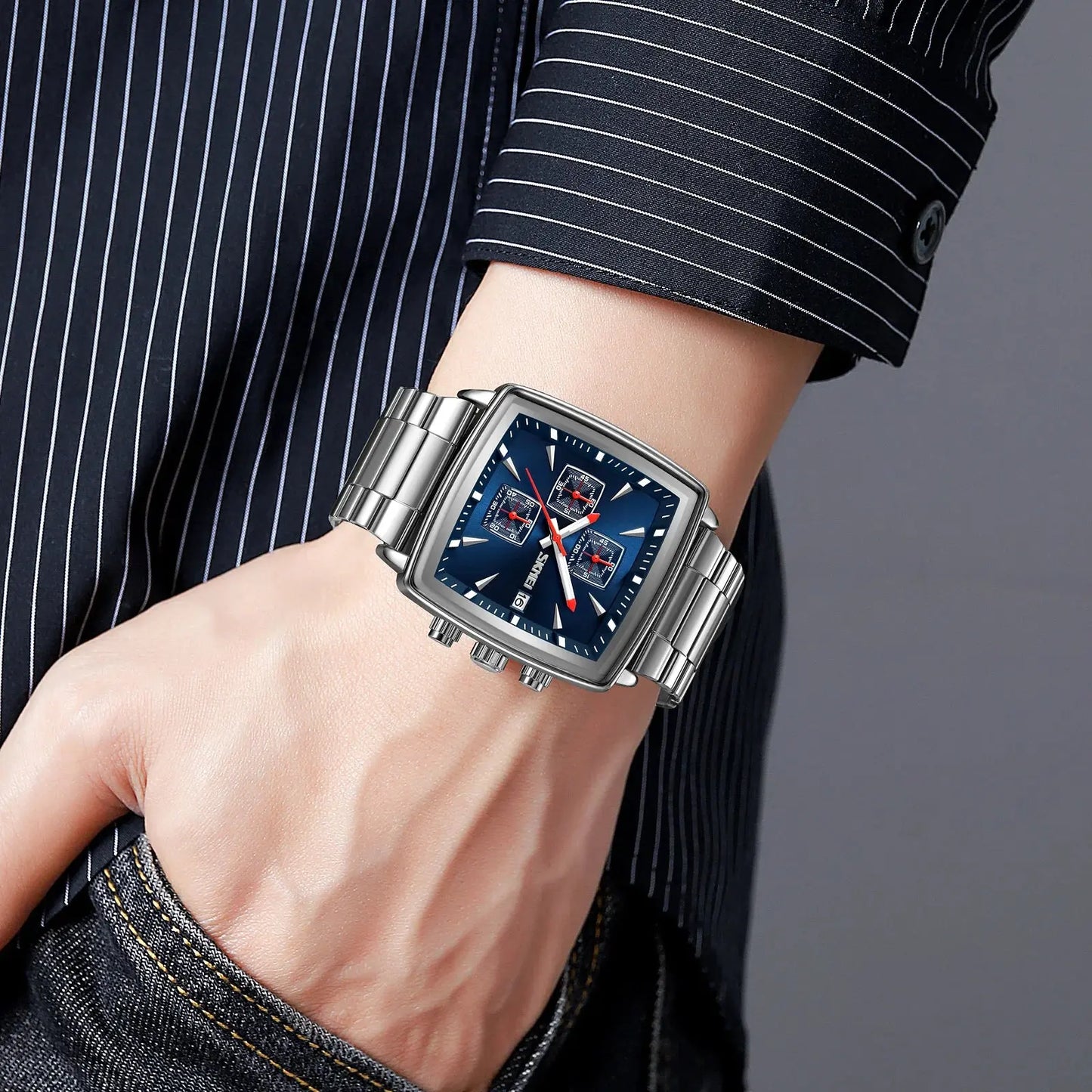 Elevate Your Style with the SKMEI 9331 Men's Luxe Quartz Watch - Stainless Steel Band, Square Dial, and Luminous Hands
