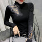 Women's Tops Shirt Casual Turtleneck Long Sleeve Hollow Out Hot Drilling Mesh T-Shirt