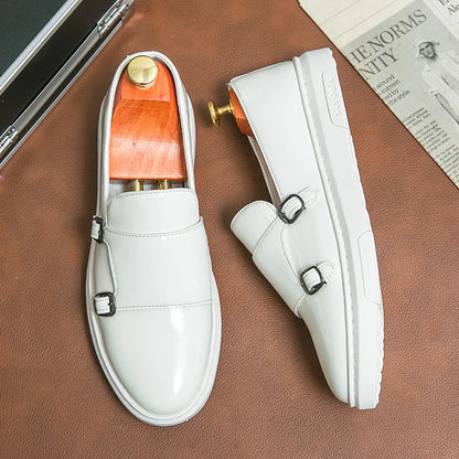 Double Strap Monk Wedding Shoes Comfortable White Black Color Durable Patent Leather Shoes for Men NovaCart