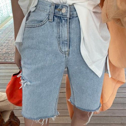 Women High Waist Riped Button Up Female Denim Shorts Jeans