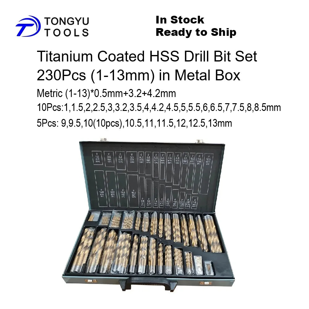 230PCS (1-13)mm TiN Coated HSS Drill Bit Set, DIN338 Metric HSS-R Jobber Twist Bit Kit for Metal Drilling, DIY Use in Stock NovaCart