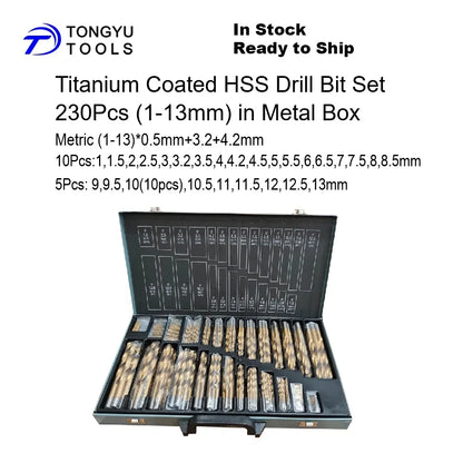 230PCS (1-13)mm TiN Coated HSS Drill Bit Set, DIN338 Metric HSS-R Jobber Twist Bit Kit for Metal Drilling, DIY Use in Stock NovaCart