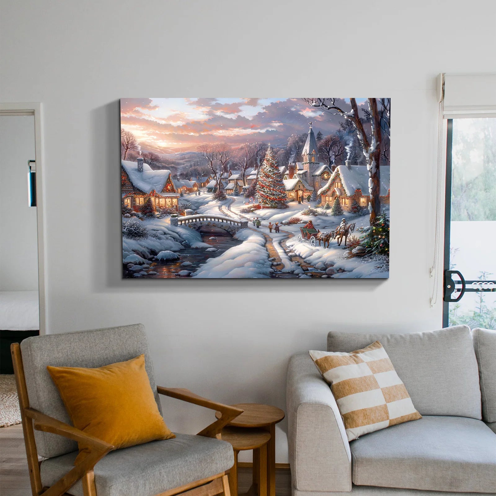 Winter Christmas Scene Canvas Print: Magical Snowy Village & Tree, Unique Wall Art Perfect for Home Hanging Printing Decoration NovaCart