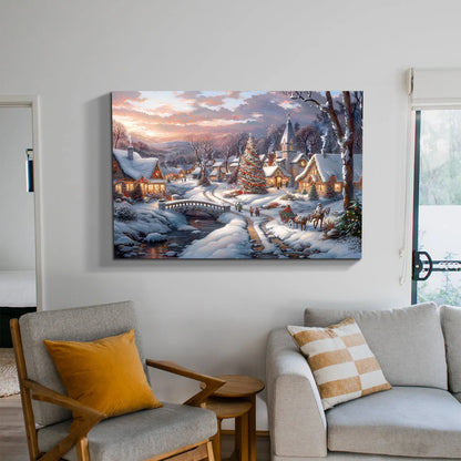 Winter Christmas Scene Canvas Print: Magical Snowy Village & Tree, Unique Wall Art Perfect for Home Hanging Printing Decoration NovaCart