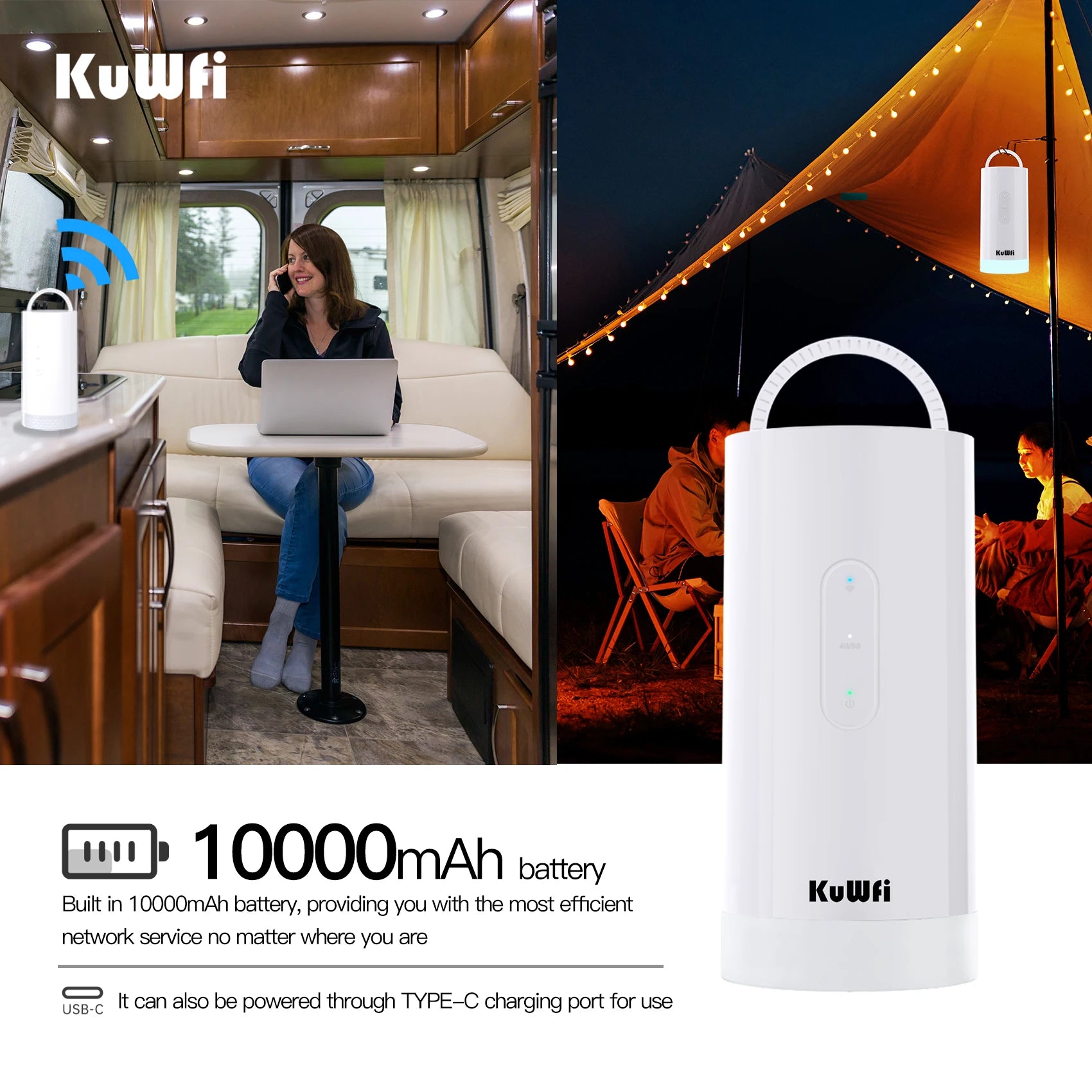 USA Stock KuWFi 10000mAh Battery 4G IMEI Lte Router Cat6 1200Mbps LED Light Solar Camping 4g Lte Wifi Router with Sim Card Slot NovaCart