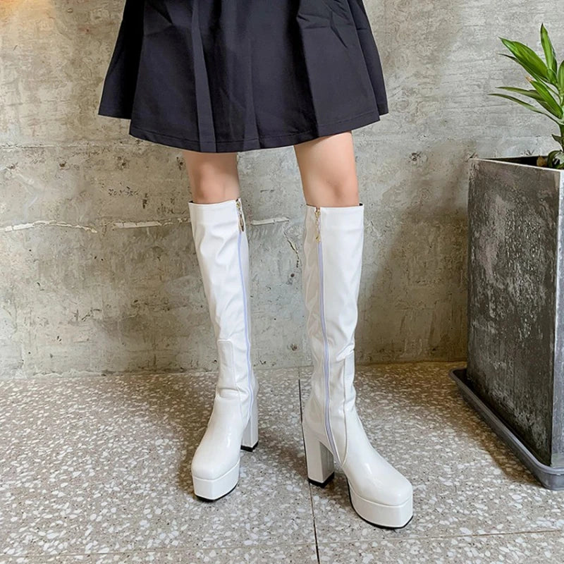 SIMLOVEYO Platform Knee High Boots Toe Block Heels Rubber Size 34-43 Black White Blue S2729 NovaCart