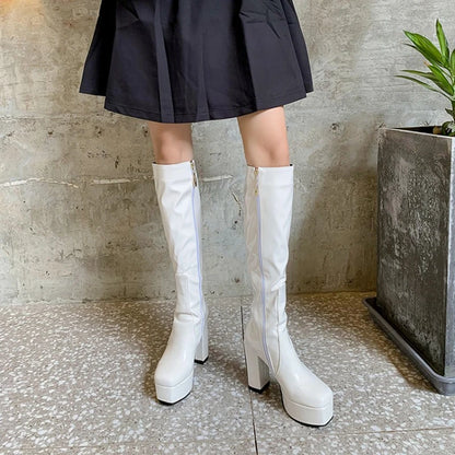 SIMLOVEYO Platform Knee High Boots Toe Block Heels Rubber Size 34-43 Black White Blue S2729 NovaCart